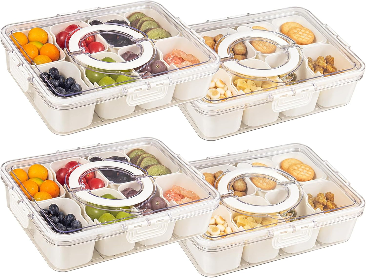 2 Pack Snackle Box Container with 8 Compartments, Clear Divided Serving Tray with Lid and Handle, Snack Bento Box for Charcuterie, Candy, Fruits, Nuts, Picnic, Travel, Beige