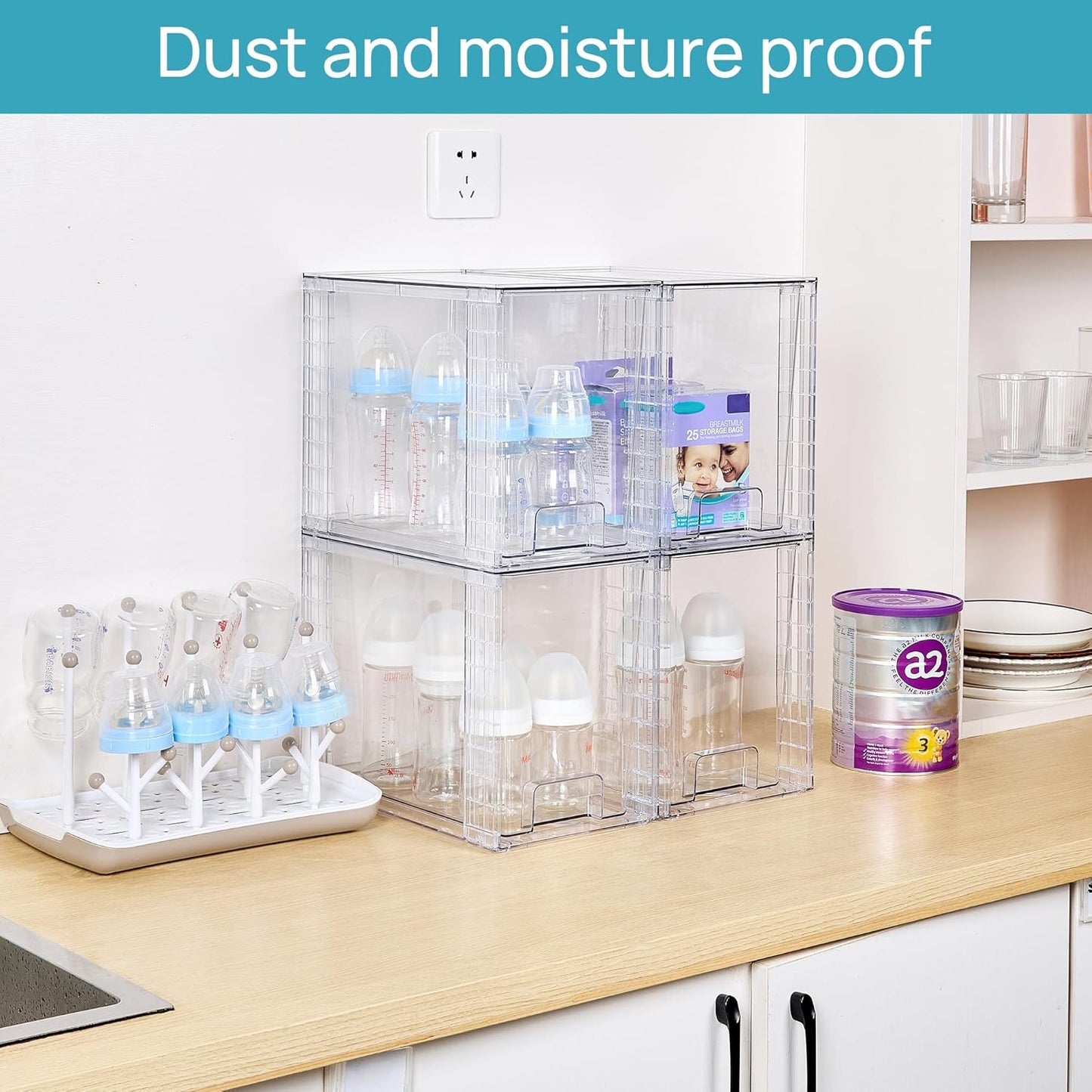 Vtopmart 4Pack Large Stackable Pantry Storage Drawers, Clear Organizer Bins with Handles, Acrylic Drawer Organizers for Kitchen, Pantry, Bathroom Undersink, Cabinet Organization and Storage