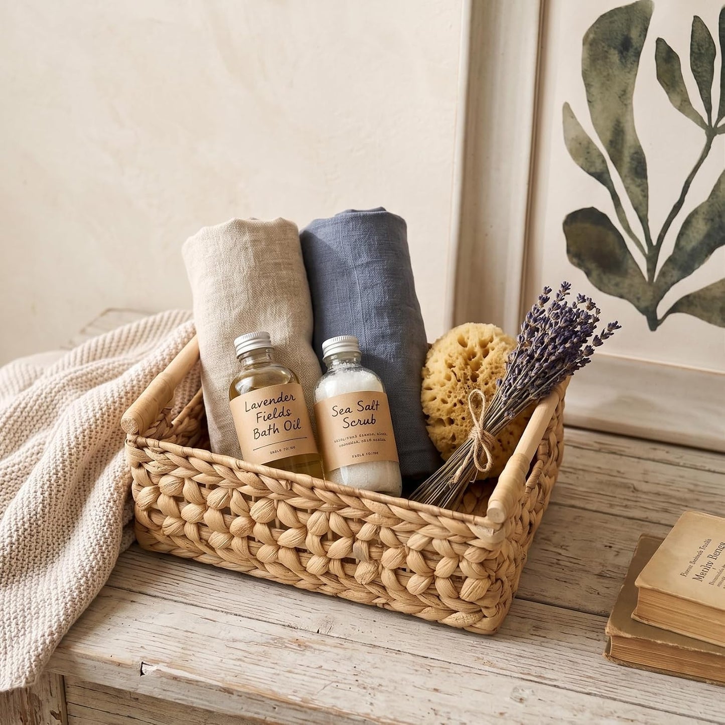 NAYA 11.6" Water Hyacinth Medium Wicker Shelf Basket – Storage Bin | Handwoven water hyacinth shelf basket with sturdy handles for pantry, towels and everyday home organization.