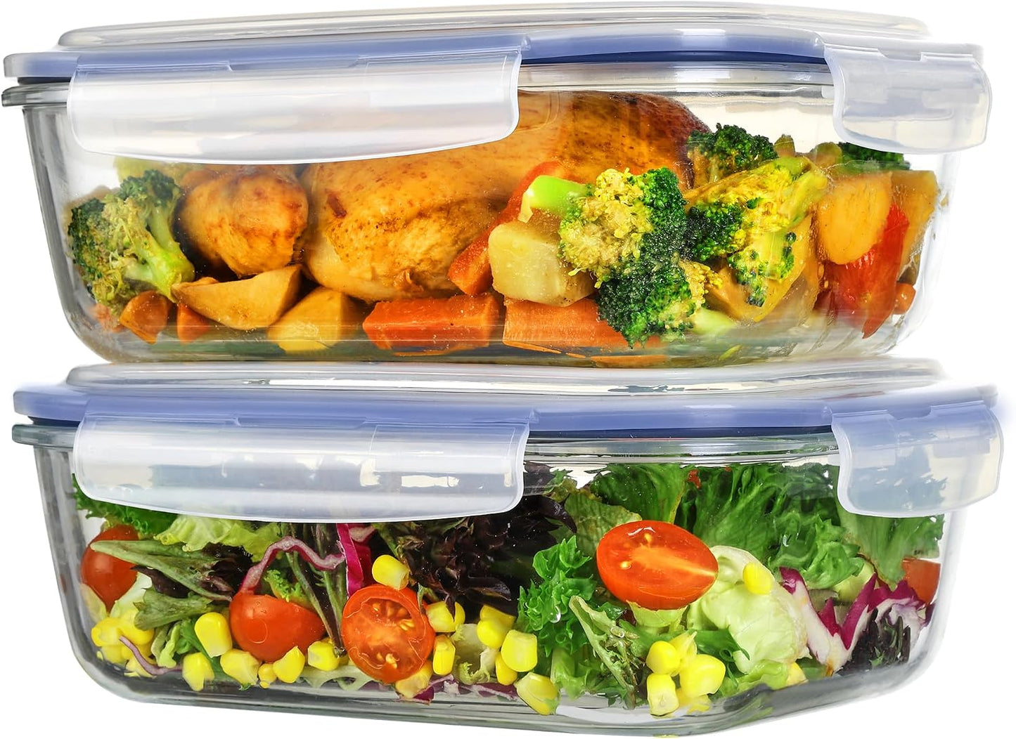 Vtopmart 2Pack 1860ml/63oz Large Glass Storage Containers with Lids, Meal Prep Food Container Set with Snap Airtight Lid for Baking, Microwave, Oven, Leak Proof, for Freezer, Dishwasher, Grey