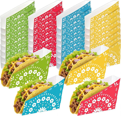 LemonRoad 48 PCS Paper Mexican Taco Holder Disposable Fiesta Taco Shell Holder for Cinco de Mayo Party Bar Serving Set, Fiesta Party Supplies Decorations(Stripe)