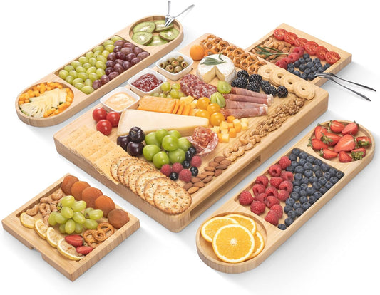 Charcuterie Board Set - FamRica Extra Large Cheese Board with 2 Drawers Bamboo Cheese Tray Serving - Unique Wedding Housewarming Birthday Gifts