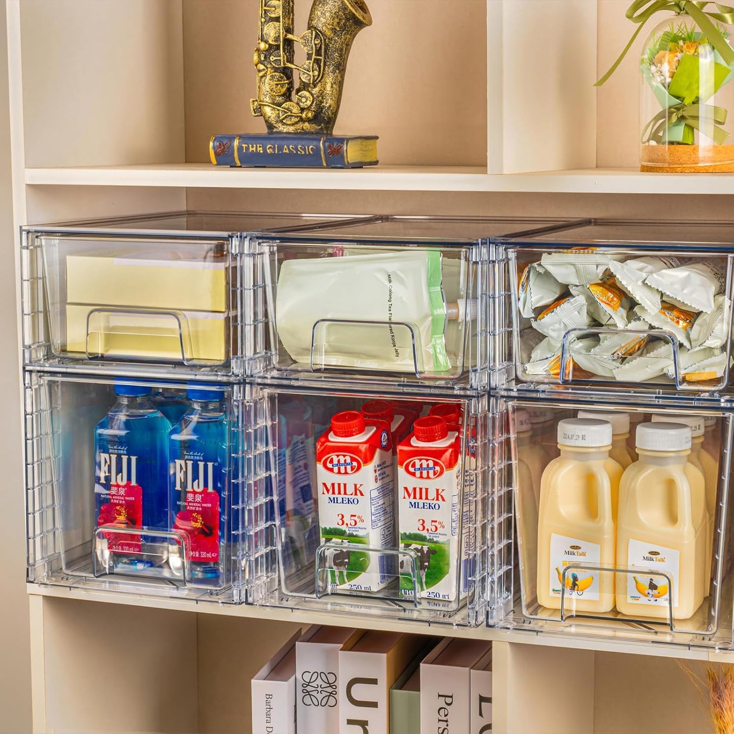 4Pack Large Stackable Kitchen Storage Drawers, Clear Foods Organizer Bins with Handles, Easily Assemble for Bathroom, Kitchen, Pantry, Cabinet, Closet(XL-UP Handle)