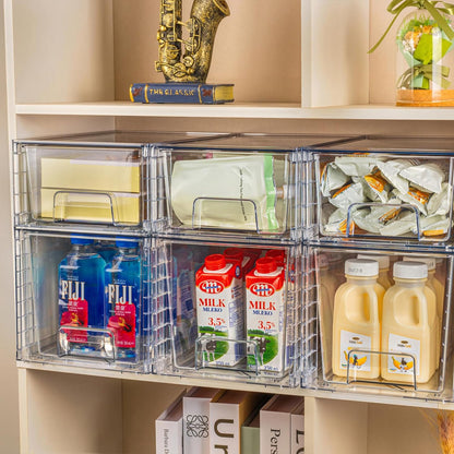 4Pack Large Stackable Kitchen Storage Drawers, Clear Foods Organizer Bins with Handles, Easily Assemble for Bathroom, Kitchen, Pantry, Cabinet, Closet(XL-UP Handle)