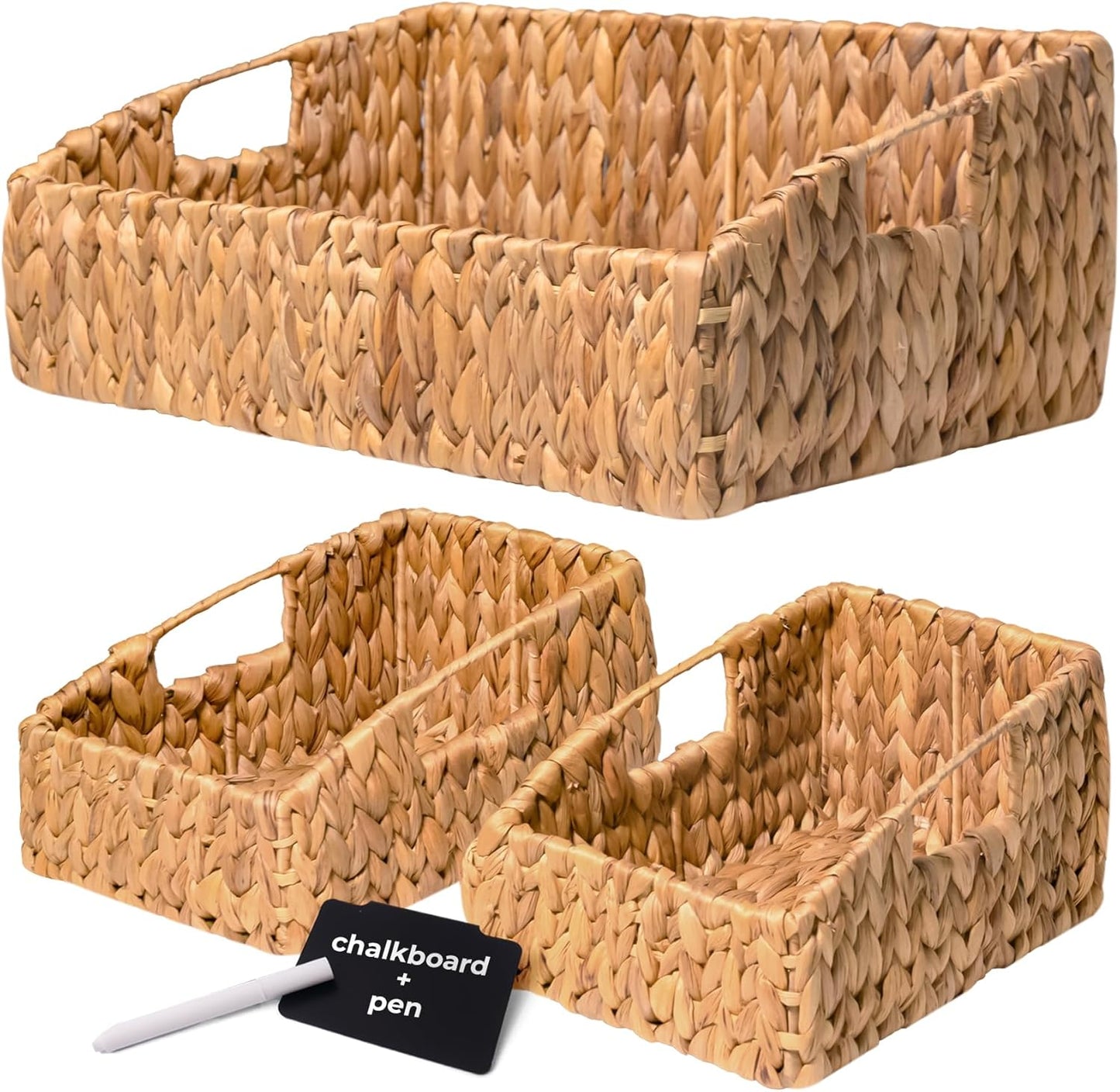 KOKODO 2-Pack Open Front Pantry Baskets, Handwoven Water Hyacinth Wicker Storage Baskets with Built-in Handles, Organizing Bins for Shelves