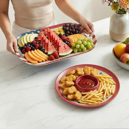 Kingen American flag Patriotic theme party supplies, 18'' Rectangle and 13'' Round Set of 2 Extra-Large Bamboo Serving Trays, Independence Day, Reusable and Dishwasher Safe