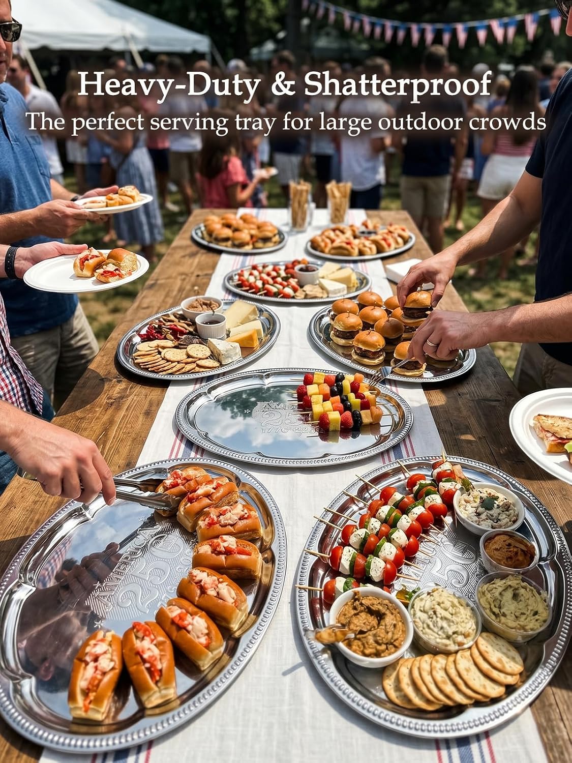 4-Pack 15.7" x 11.8" Silver Serving Trays for Party Set - Oval Floral Engraved Serving Platters, Wedding Birthday Mirror Tray for Summer BBQ, Food, Appetizer, Charcuterie, Cookies, Desserts