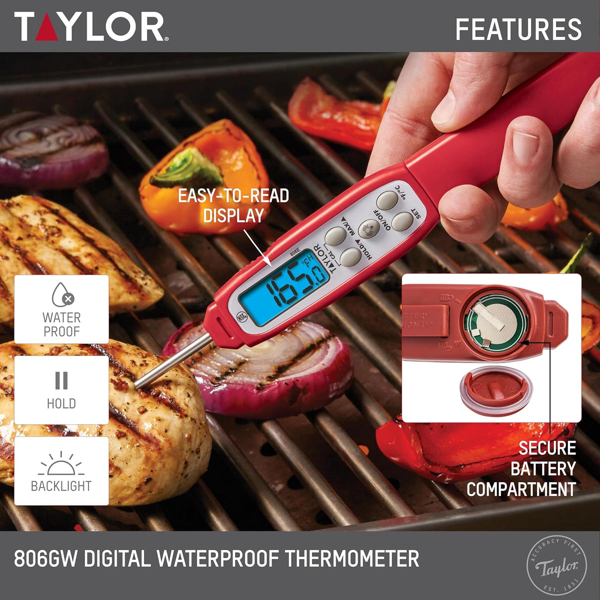 Taylor Digital Instant Read Waterproof Meat Thermometer with Backlight