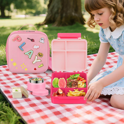 Kids Bento Lunch Box with Thermo, Include 9oz Soup Thermo, Kids Leakproof Lunch Box with 4 Compartment, Insulated Lunch Bag for Girls Boys to School Travel