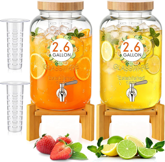 Honeydak 2 Pack 2.6 Gallon Glass Drink Dispenser for Parties, Large Beverage Dispensers with Wooden Stand, Lid & Stainless Steel Spigot, Leakproof Lemonade Dispenser for Weddings, Bar, Juice, Iced Tea