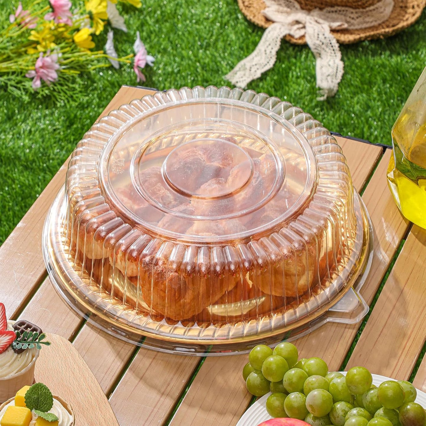 Tessco for you 12 Pack Heavy Duty Repeatedly Plastic Serving Tray with Lid and 24 Pcs Deli Wax Paper Sheets Sets Large Party Platters with Clear Lids Stackable Round Food Serving Trays (Black,16inch)
