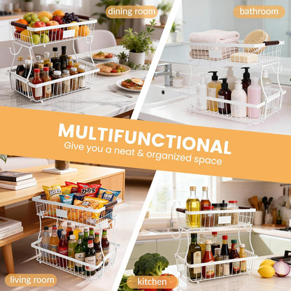 2-Tier Stackable Wire Basket with 2 Banana Hooks, Pantry Organizer for Kitchen Countertops, Cabinets & Under-Sink Spaces; Ideal for Storing Snacks, Fruits, Veggies, Onions, Potatoes, & More,Black