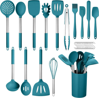 HaWare 29 PCS Silicone Cooking Utensils Set, Heat Resistant Kitchen Utensils Set with Stainless Steel Handle, Spatula Sets with Holder and Hooks, Kitchen Tools Gadgets for Nonstick Cookware -Khaki