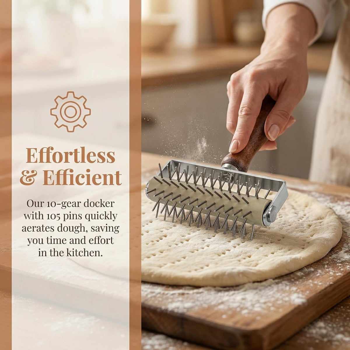Hiceeden Set of 2 Pizza Dough Roller & Dough Docker, Stainless Steel Dough Hole Maker Puncher Wooden Rolling Pin for Pizza, Cookie, Pie, Pastry, Bread, Crust