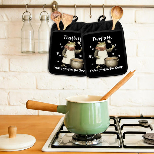 Dark Humor Funny Frog Pot Holders Heat Resistant, Frog Lover Gifts, You're Going in the Soup Weirdcore Animal Oven Potholder Hot Pads for Kitchen Countertops Baking Cooking