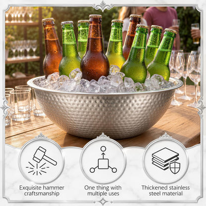 2 Pcs Large Gold Hammered Stainless Steel Beverage Tub 15.35x5.12 Inch, 16.4 Qt Leak-proof Ice Bucket for Parties, Champagne Wine Chiller Bowl, Luxury Drink Cooler for Wedding, Mimosa Bar
