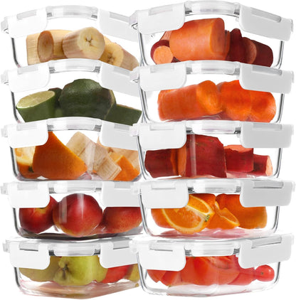 BAYZZ 10 Pack 22 oz Glass Meal Prep Containers, Glass Food Storage Containers with Airtight Lids, BPA-Free, Freezer and Microwave Safe