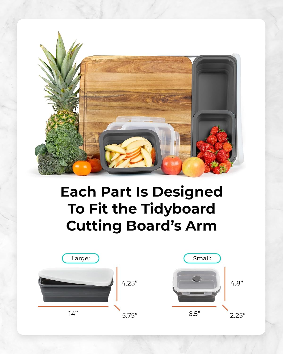 TidyBoard Meal Prep Cutting Board with Containers - Acacia Wood Cutting Board with Silicone Containers and Lids - Meal Prep Station - Over-the-Sink Chopping Board (Base Pack, Grey)