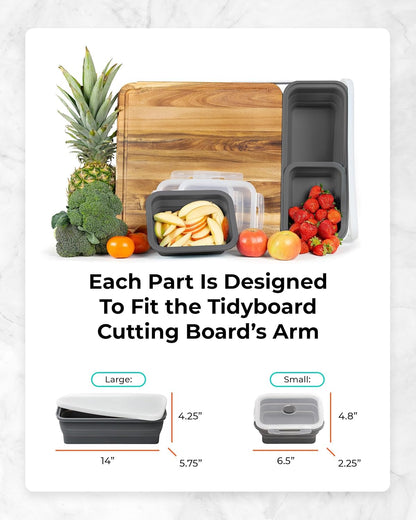 TidyBoard Meal Prep Cutting Board with Containers - Acacia Wood Cutting Board with Silicone Containers and Lids - Meal Prep Station - Over-the-Sink Chopping Board (Base Pack, Grey)