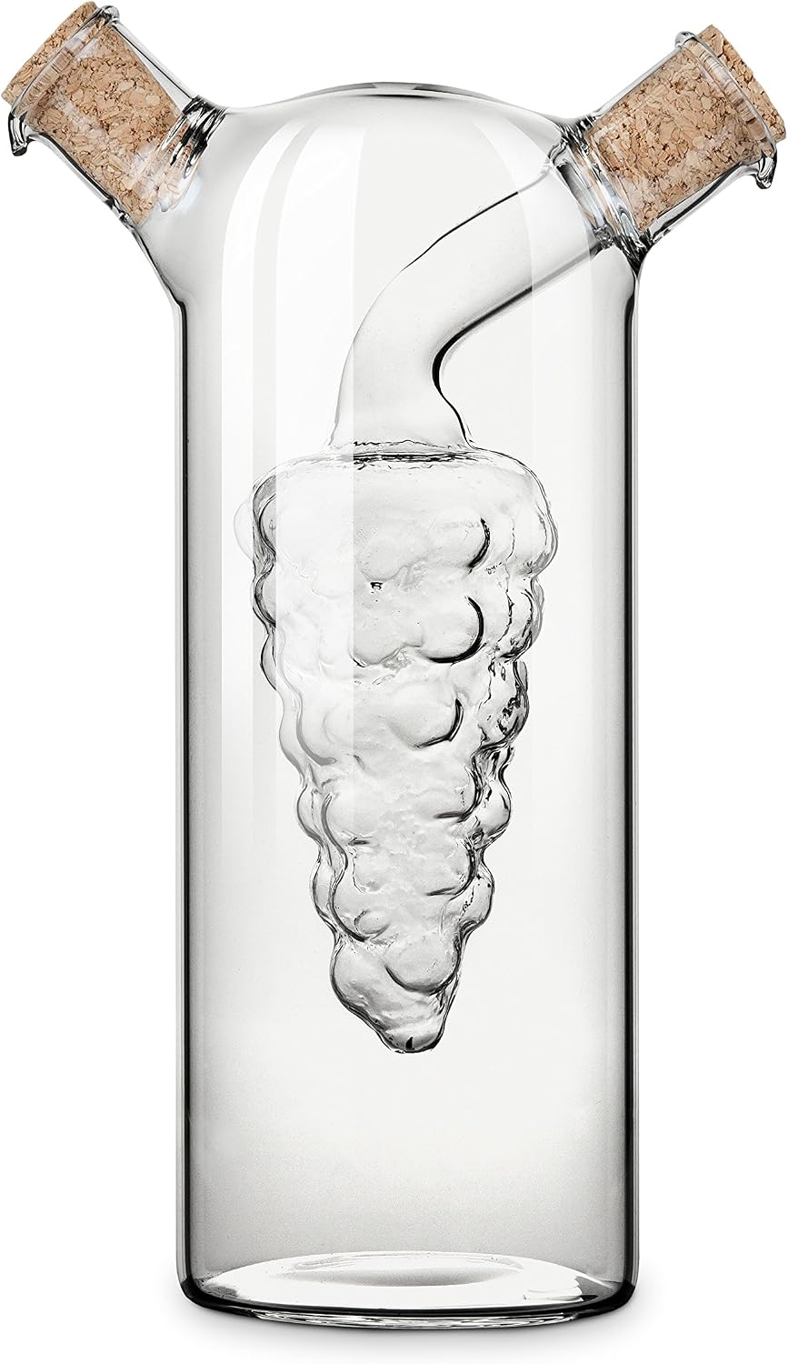 Twine 2-In-1 Oil and Vinegar Cruet Bottle with Cork Stoppers, Olive Oil and Balsamic Vinegar Dispenser, Hand Blown Glass, Pack of 1