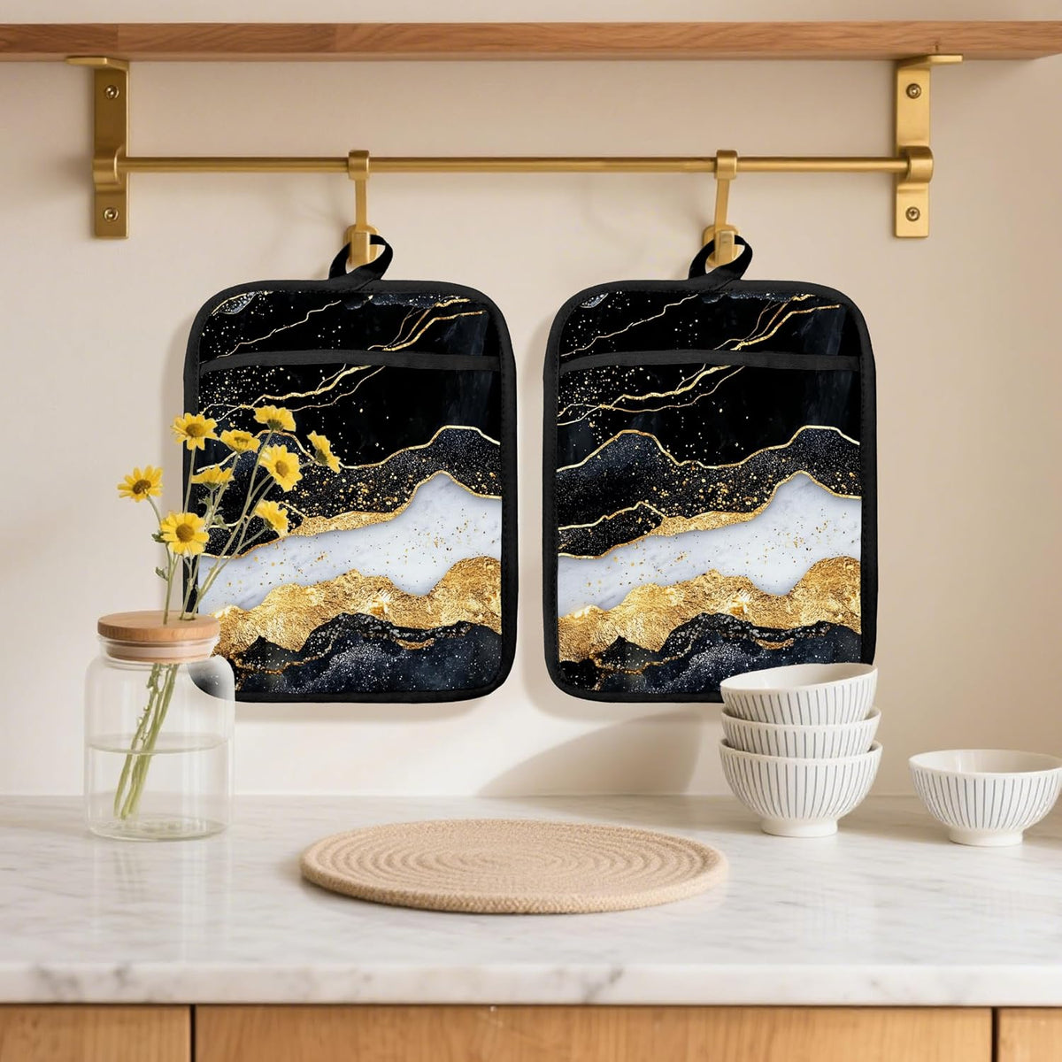 Abstract Black White and Gold Pot Holders 2 Pack Set, Black and Gold Kitchen Decor, Modern Boho Abstract Luxury Marble Heat Resistant Oven Hot Pads for Kitchen Countertop Baking