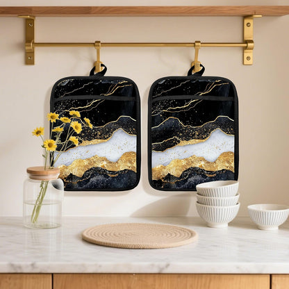 Abstract Black White and Gold Pot Holders 2 Pack Set, Black and Gold Kitchen Decor, Modern Boho Abstract Luxury Marble Heat Resistant Oven Hot Pads for Kitchen Countertop Baking