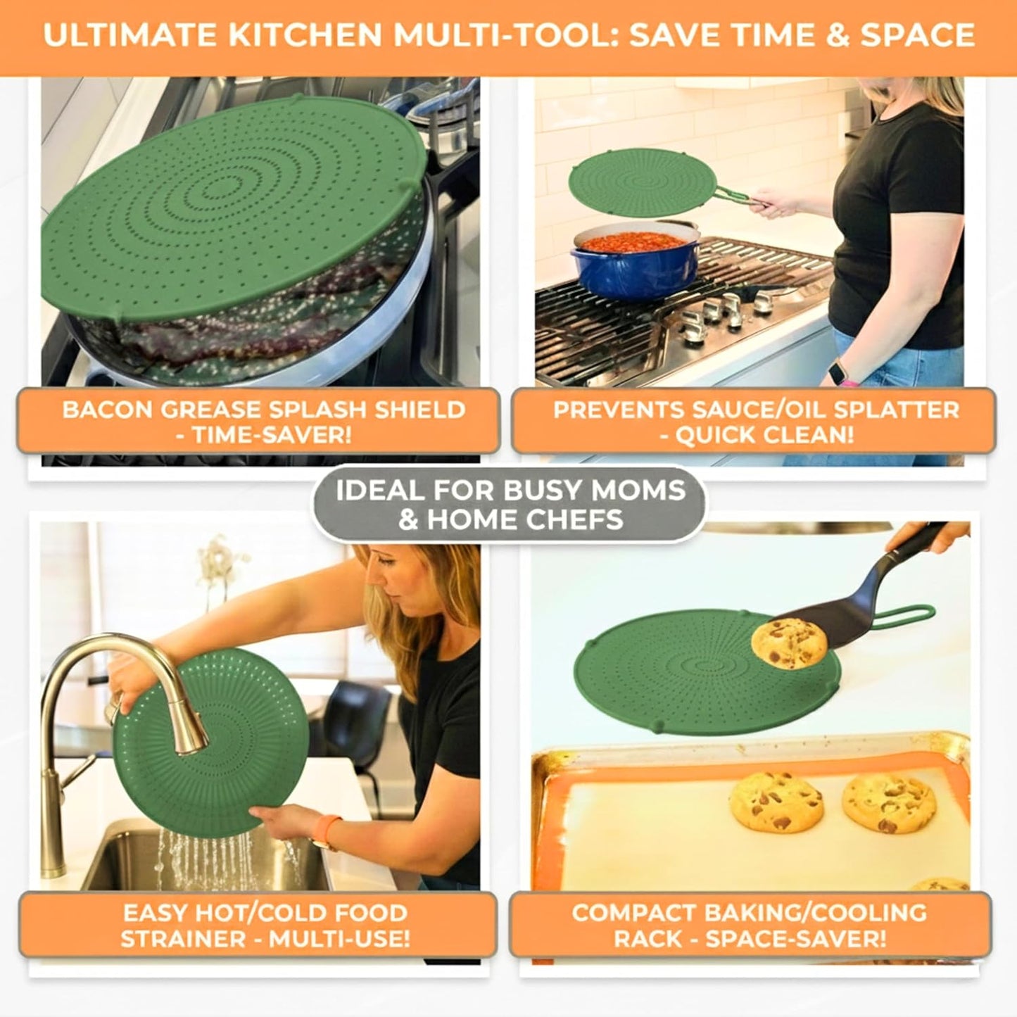 Silicone Splatter Screen for Frying Pan, 13” Navy – Grease & Oil Splatter Guard, Heat Resistant, Dishwasher Safe, Foldable Handle with Sleeves – Splash Guard Fits 10–12” Pans, Most 13” Skillets