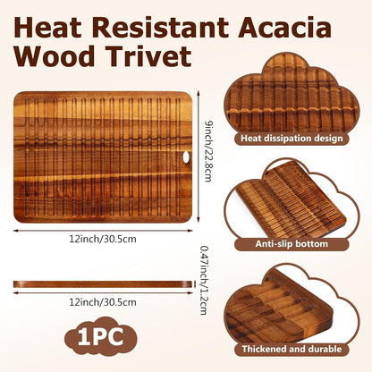 12 x 9 Inches Acacia Wood Trivet Mat Thicken Wooden Hot Pads Trivets Heat Resistant Non Slip Pads for Table Countertop Hot Dishes Holder Pot Bowl Teapot Kitchen Counter Protector