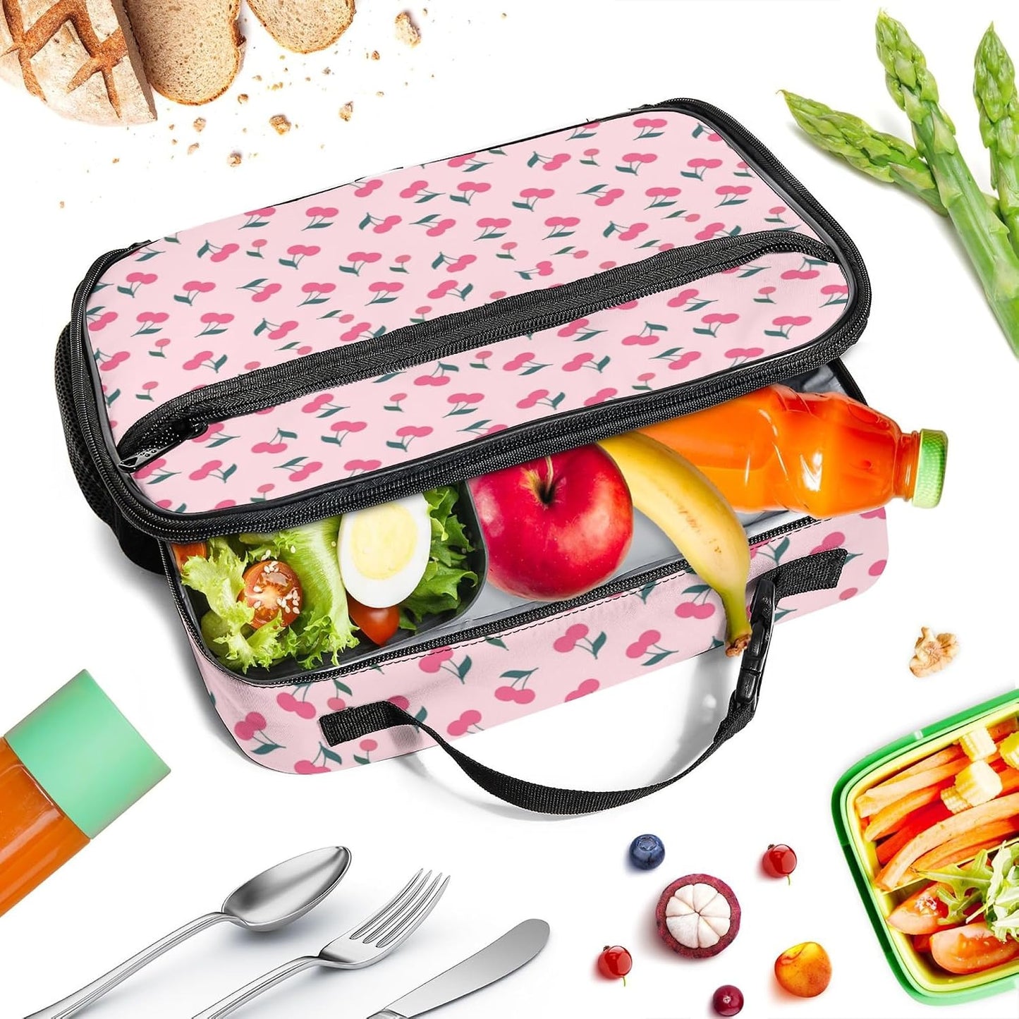 Large Lunch Box for Girls Insulated Lunch Bag with Water Bottle Holder Front Zipper Pocket Leakproof Waterproof Reusable Lunch Tote Bag for Work Picnic Camping Back to School (pink floral)