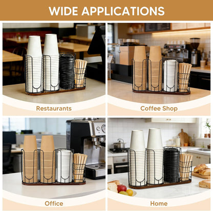 4-Compartment 18oz Coffee Cup Dispenser Rack with Wood Base, Disposable Cup Holder,Cup and Lid Holder with Straw Organizer,for Stirrers Pod Countertop, Plastic Cup Station