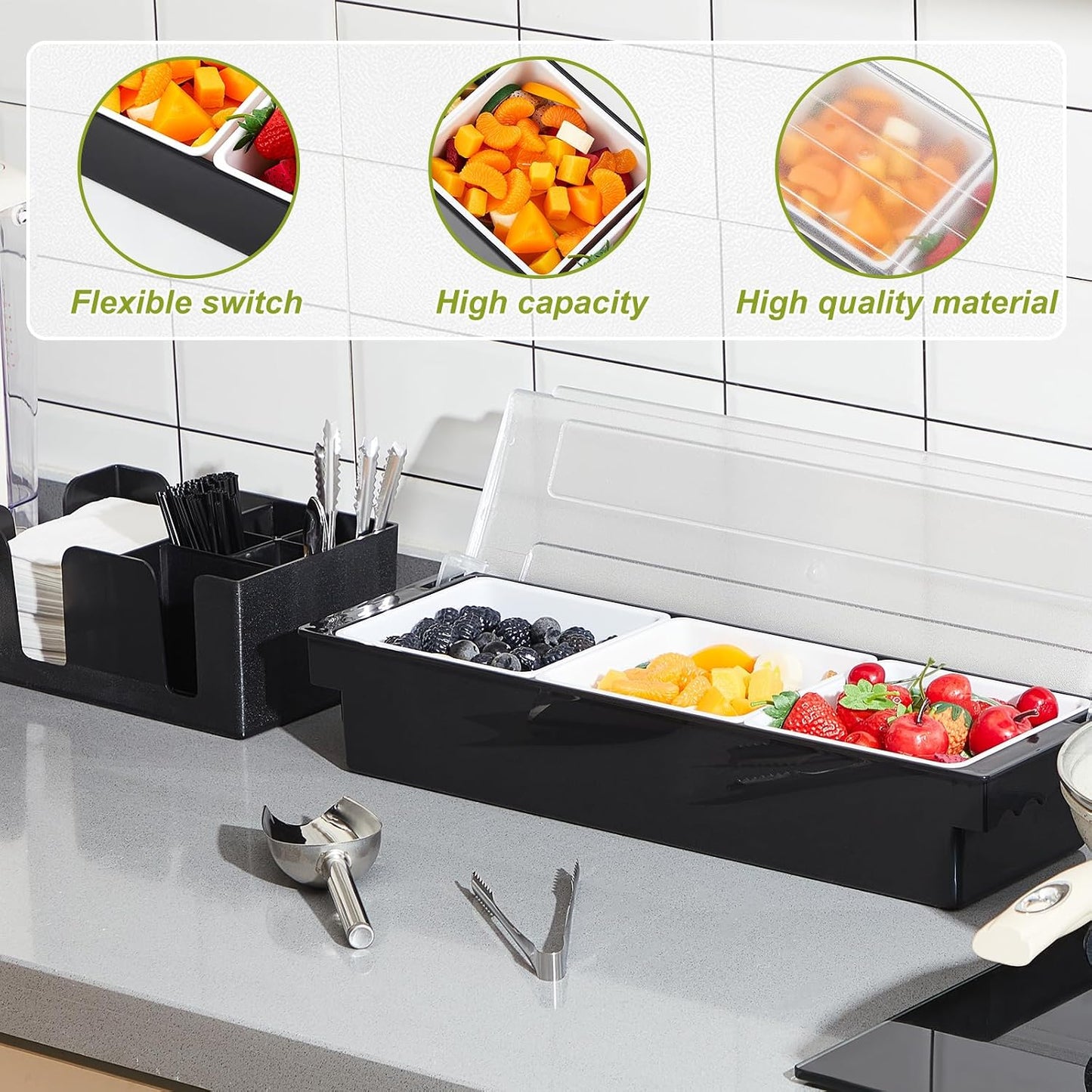 Tessco for you Garnish Tray with Lid Bar Caddy Ice Cooled Condiment Serving Container with Ice Scoop Metal Mini Serving Tongs Fruit Fork Spoons for Food Home Party Kitchen(Plastic,6 Grids)