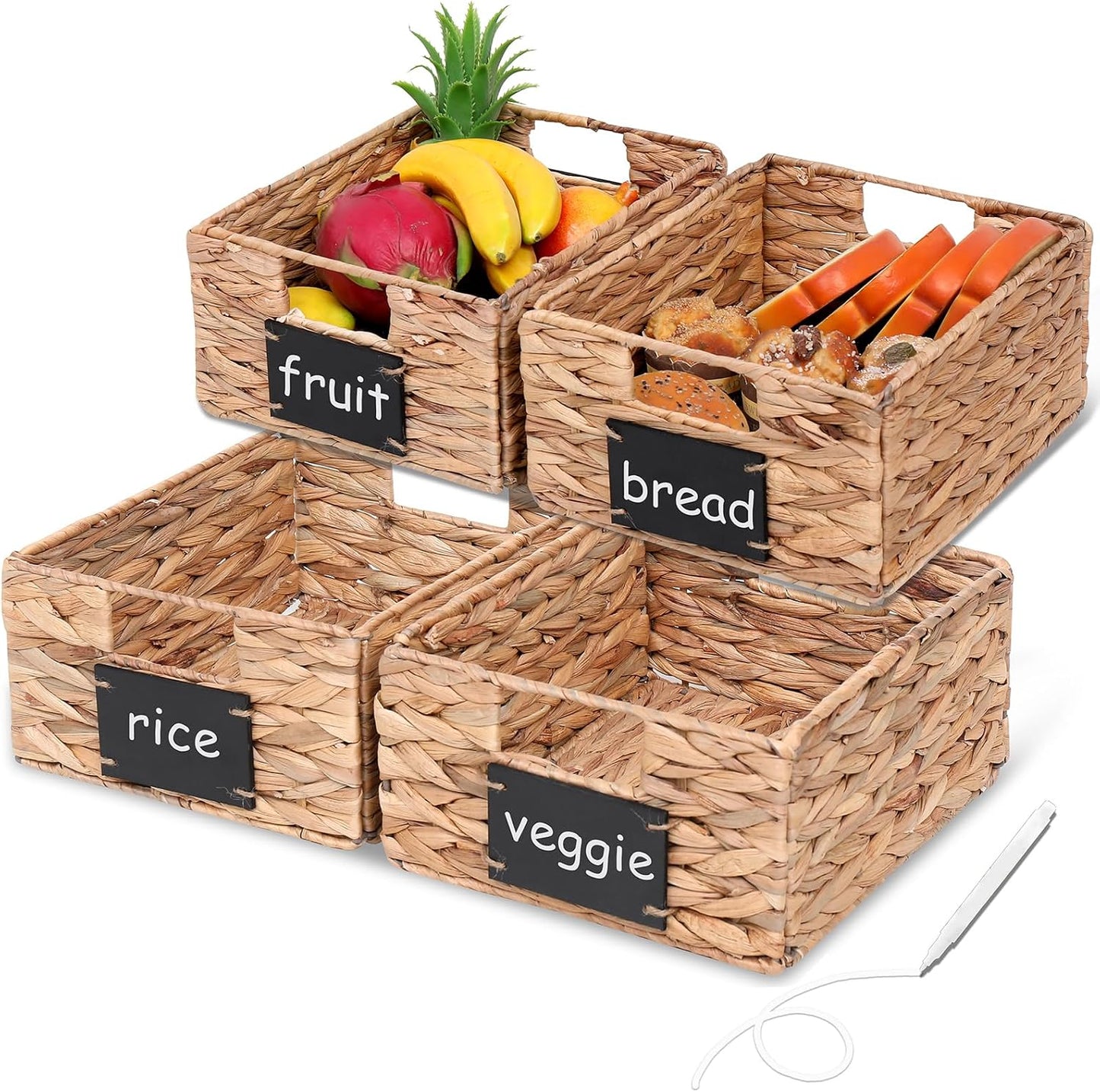LYJWOO6D Water Hyacinth Storage Baskets Set of 4 Wicker Pantry Baskets,Hand-Woven Foldable Seagrass Organizers with Chalkboard Labels and Chalk Marker,Rectangular Shelf Basket for Organizing