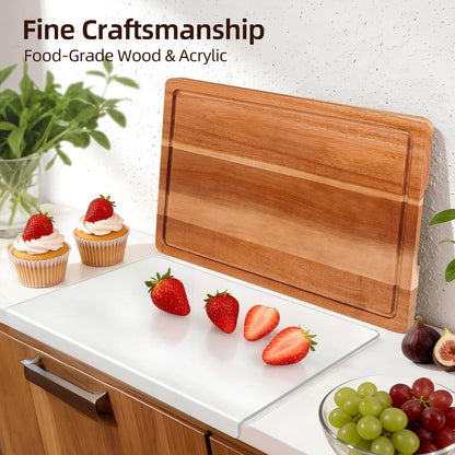 Cutting Board Set of 2 – Checkered Wood & Acrylic Cutting Board with Counter Lip for Kitchen Counter, Wood Checkerboard Chopping Board with Juice Grooves for Vegetables, Fruits, Meat