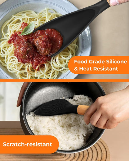 Cooking Spoon Multifunction Spoonula Silicone Spatula Spoon 2-Pack, Dual-Use Heat Resistant 446°F, BPA-Free Non-Toxic Wooden Handle Rice Spoon Set for Non-Stick Cookware & Rice Cookers (Black)