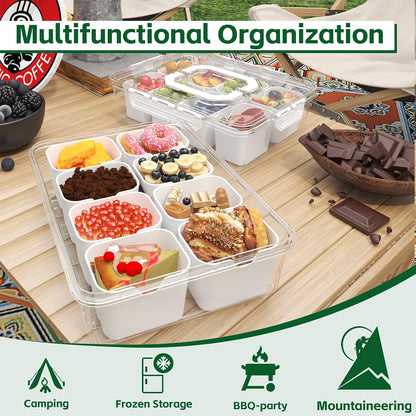 REBECAT Divided Serving Tray with Lid and Handles 9 Compartments Snack Box Container Charcuterie Organizer Snackle Box Container for Candy,Nuts，Fruits,Snacks,2 Pack,Beige
