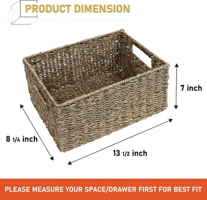 2-Pack Handwoven Water Hyacinth Storage Baskets with Handles, Wicker Bins for Pantry Organization, Shelf or Closet Organizer, Decorative Boho Rectangular Basket 13.5" x 8"