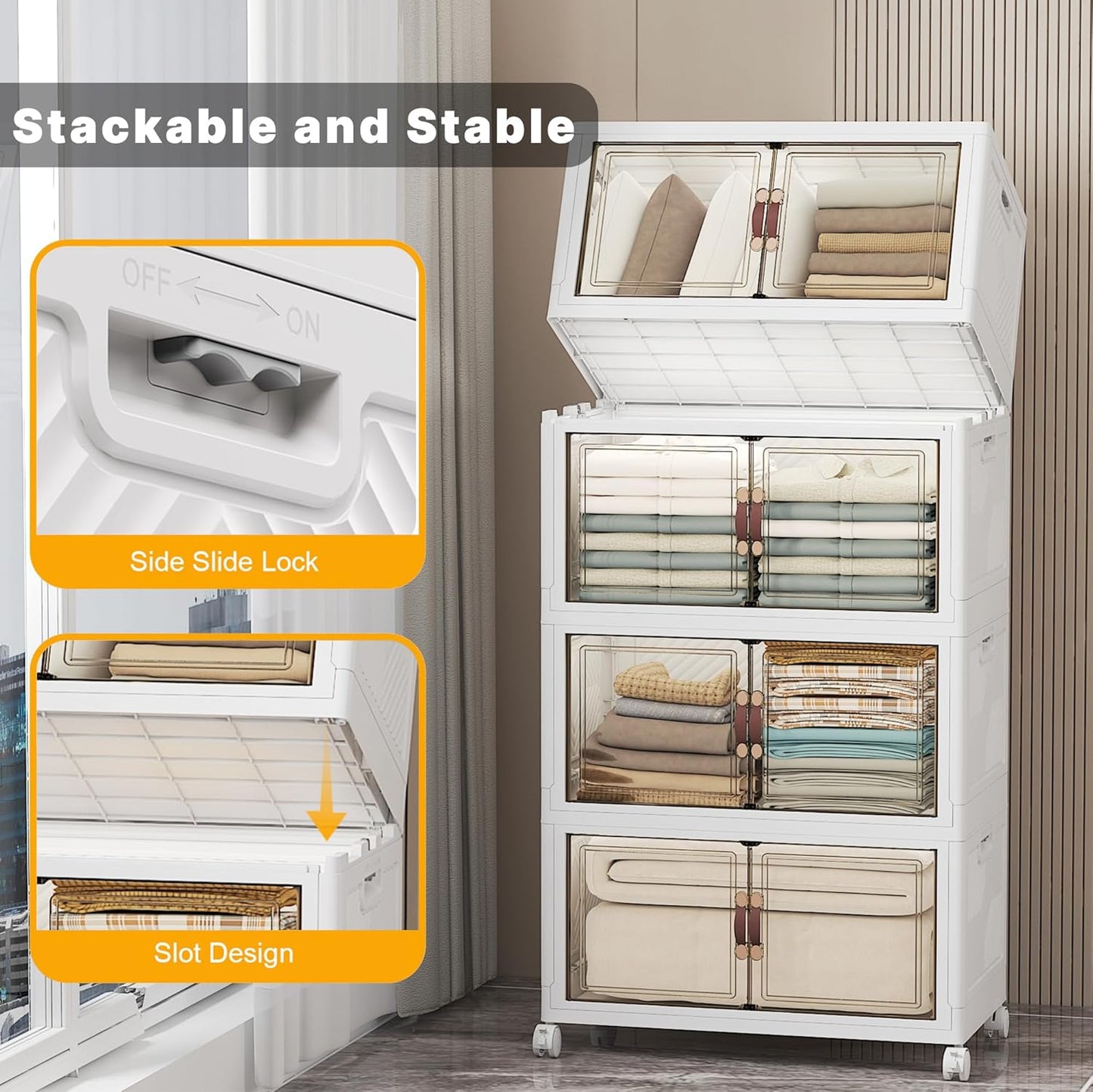 UAMFURI 720QT Stackable Storage Bins with Lids, Extra Large Storage Cabinet with Doors and Wheels, Collapsible Plastic Storage Box for Bedroom Dorm Office Garage