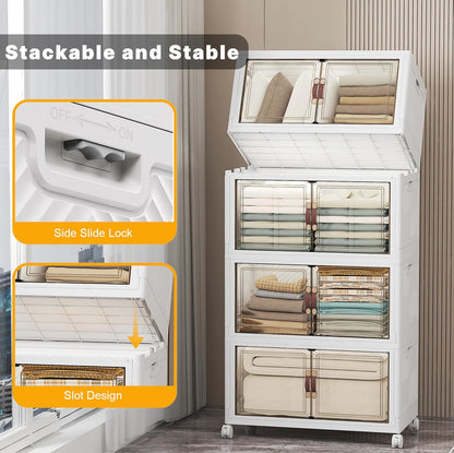 UAMFURI 720QT Stackable Storage Bins with Lids, Extra Large Storage Cabinet with Doors and Wheels, Collapsible Plastic Storage Box for Bedroom Dorm Office Garage