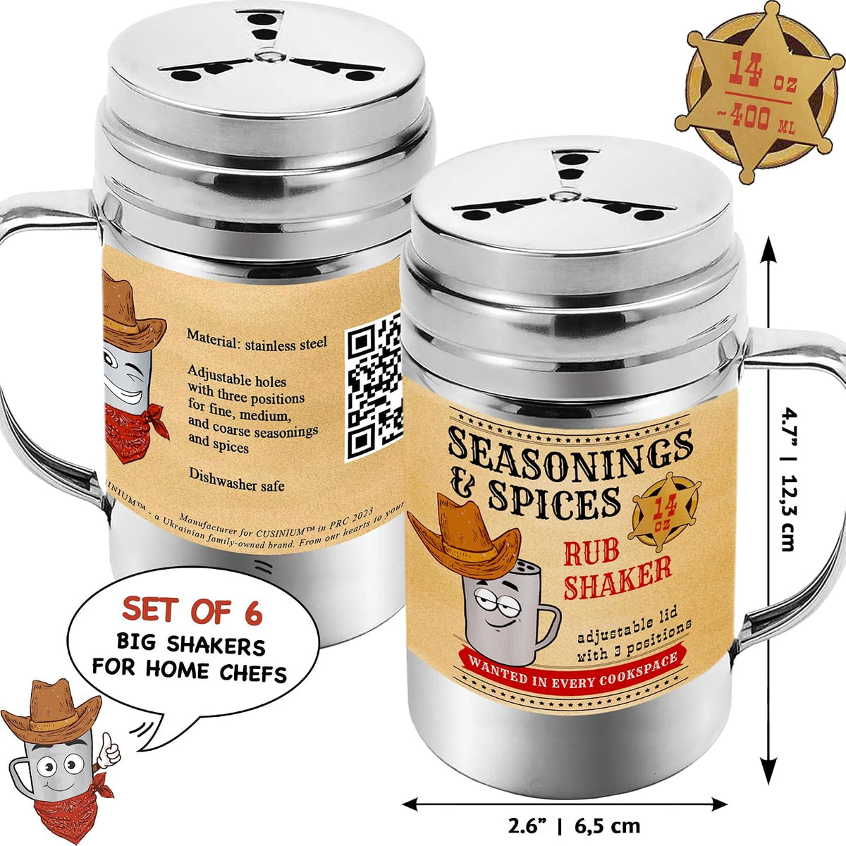 CUSINIUM 10 oz Seasonings Spice Shakers - BBQ Dry Rub Shakers - Cooking Dredge with Adjustable Fan-Style Lid and Handles