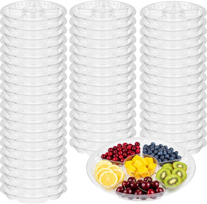Rtteri 50 Pcs Round Plastic Fruit Trays for Serving Clear Veggie Tray 6 Divided Compartment Container Dip Platter Reusable Catering Platters for Vegetable Fruit Snack Nut Party and Buffet(10.4 Inch)