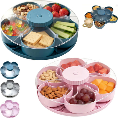 Divided Serving Tray that Spins with Lid, 5-Compartment Rotating Snack Container & Snackle Box, Lazy Susan Veggie Fruit Tray Organizer for Party Appetizers, Travel, Picnic (1PCS Gray)