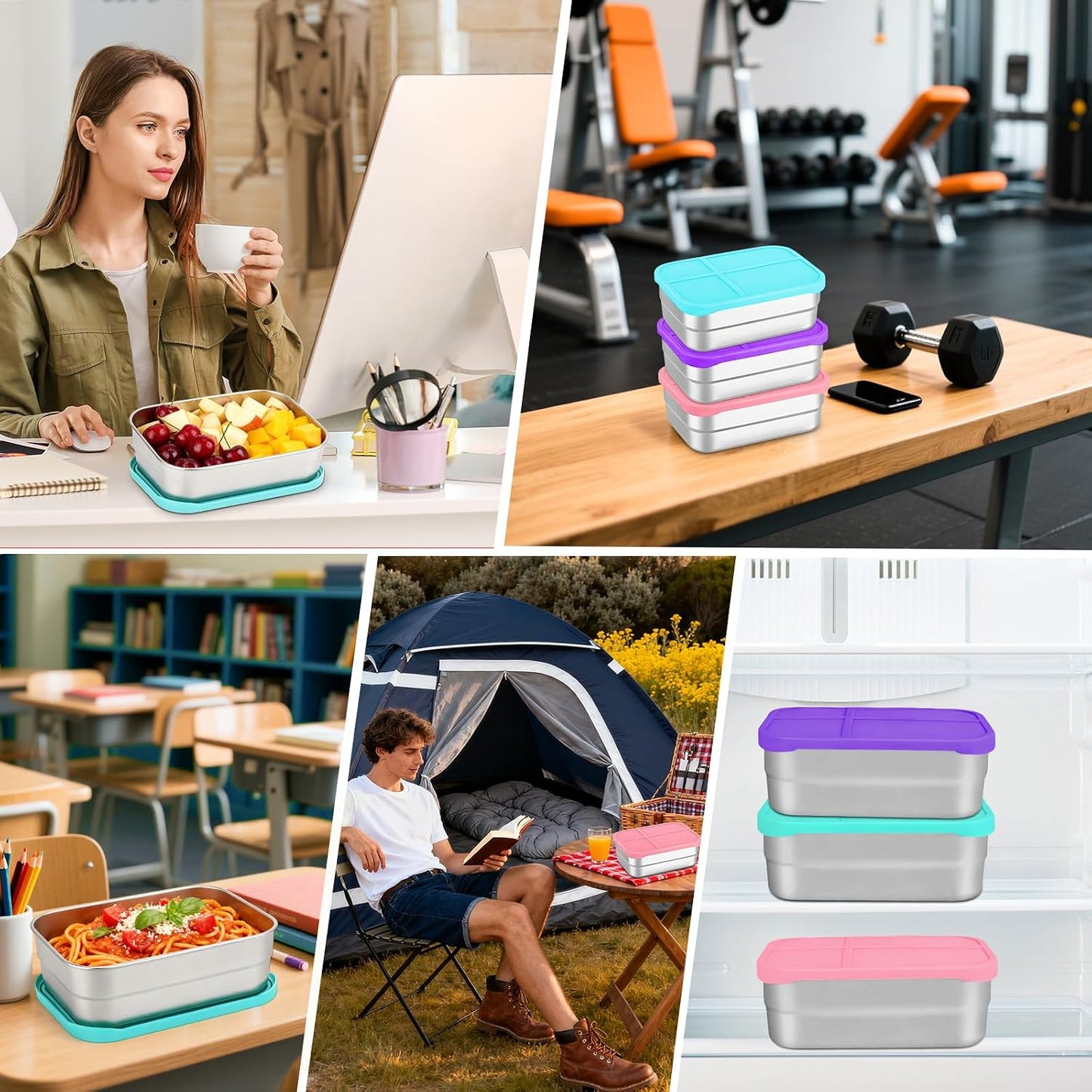 Stainless Steel Snack Containers with Lids 3 Pack, Reusable 4 Compartments Snack Containers Leak-Resistant Storage with 3 Spoons & 3 Forks, Divided Food Storage for Adults, Travel, Home & Office