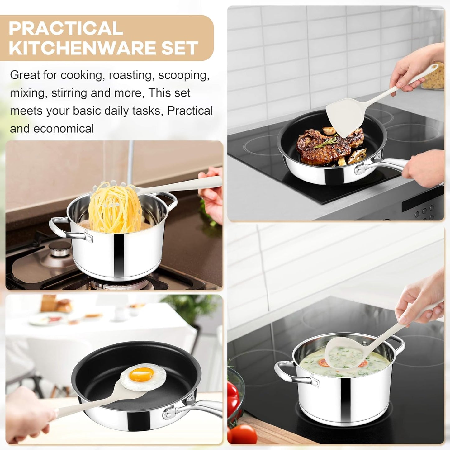 TeamFar Silicone Cooking Utensils Set, 8 PCS Kitchen Utensils Set, 446°F Heat Resistant, Turner, Spatula, Spoon, Whisk, Kitchen Cooking Gadgets Tools for Nonstick Cookware, Dishwasher Safe-Khaki