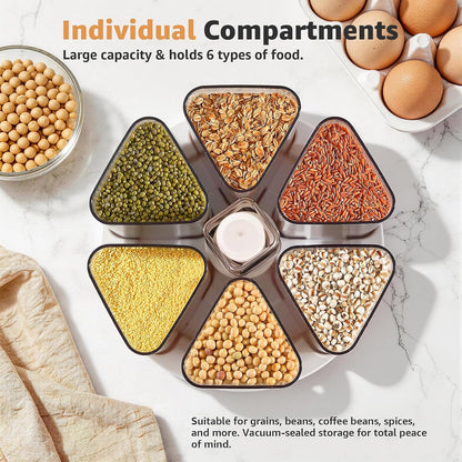 Rotating Grain Dispenser with Manual Vacuum Pump - 6-Grid Vacuum-Storage Canister Set, Food Storage Bins for Cereal, Rice, Beans & Bulk Dry Food Pantry Organization