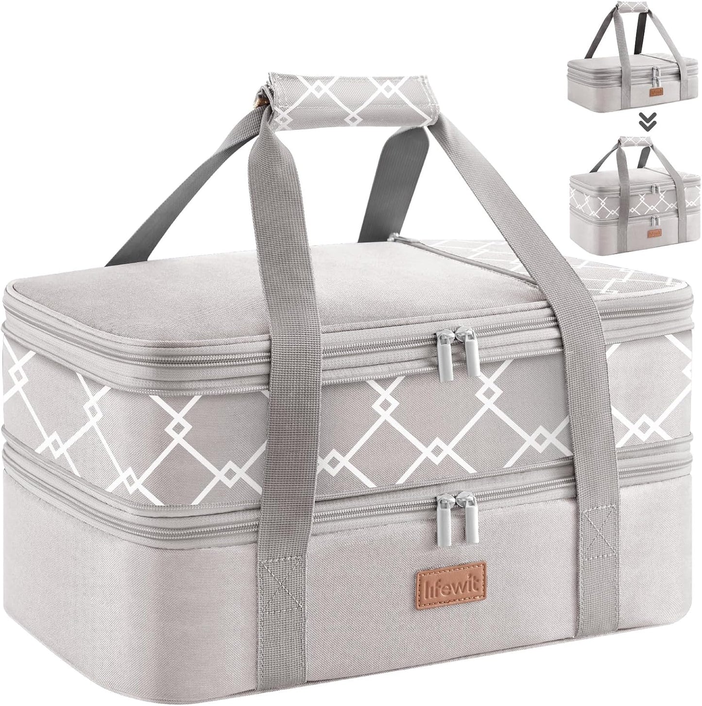 Lifewit Insulated Double Decker Casserole Carrier, Expandable Lasagna Lugger Tote Bag for Hot or Cold Food, Fits 9" x 13" Baking Dish for Potluck Parties, Picnic and Cookouts, Grey-Geometric