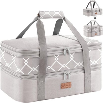 Lifewit Insulated Double Decker Casserole Carrier, Expandable Lasagna Lugger Tote Bag for Hot or Cold Food, Fits 9" x 13" Baking Dish for Potluck Parties, Picnic and Cookouts, Grey-Geometric