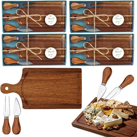 6 Set Bridal Baby Shower Cheese Prizes 9.4"L x 4.7"W Wooden Serving Board Self-Assembled Gift Set for Guests Housewarming Gifts with Knives Forks Thank You Tags and Box(Bamboo Color)