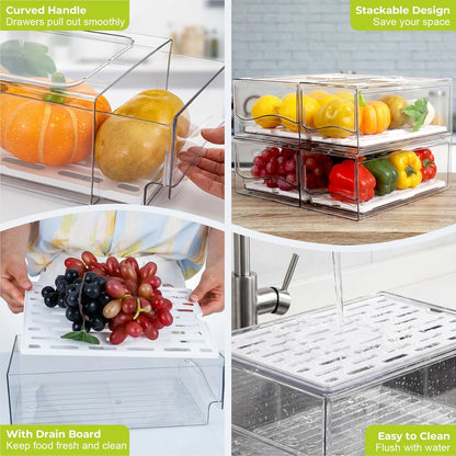 4Pack Fridge Organizer, Stackable Refrigerator Organizer Bins, Reusable Food Storage Containers, BPA-Free with Drain Tray for Bathroom, Kitchen, Refrigerator, Pantry (4 Drawers, Large, Medium)