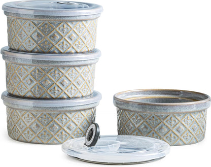 Airtight Food Storage Containers with Lids Mixing Bowls Set, Ceramic Serving Bowls with Lids Set of 4, 12/16/28/40 oz Stackable Nesting Salad Bowls for Cooking, Baking, Ramen - Beige