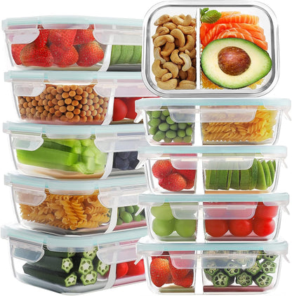 Bayco 10 Pack Glass Meal Prep Containers 2 Compartment, Glass Food Storage Containers with Lids, Airtight Lunch Bento Boxes, Leak Proof (10 lids & 10 Containers)